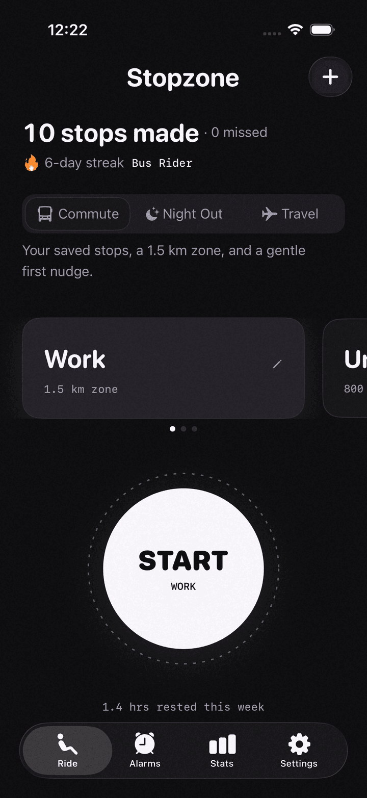 The Stopzone home screen: ten stops made, none missed, a saved stop called Work and a large Start button